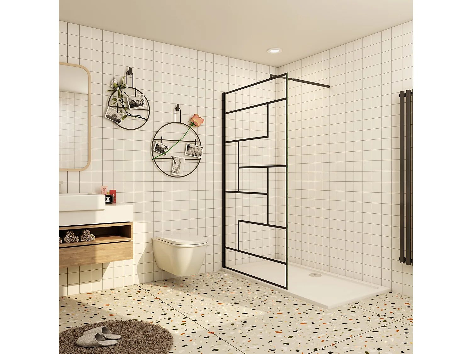 Douchewand-Inloopdouche 140x200cm 8mm NANO Easyclean zwart raster gezeefdrukt gehard glas mat wit profiel 70-120cm stabilisatiestang(inkortbaar)