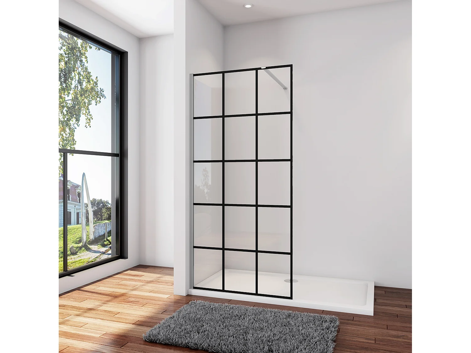 Douchewand-Inloopdouche 120x200cm met mat Zwart kader en raster 8mm NANO EasyClean veiligheidsglas N-Form 90cm Stabilisatiestang