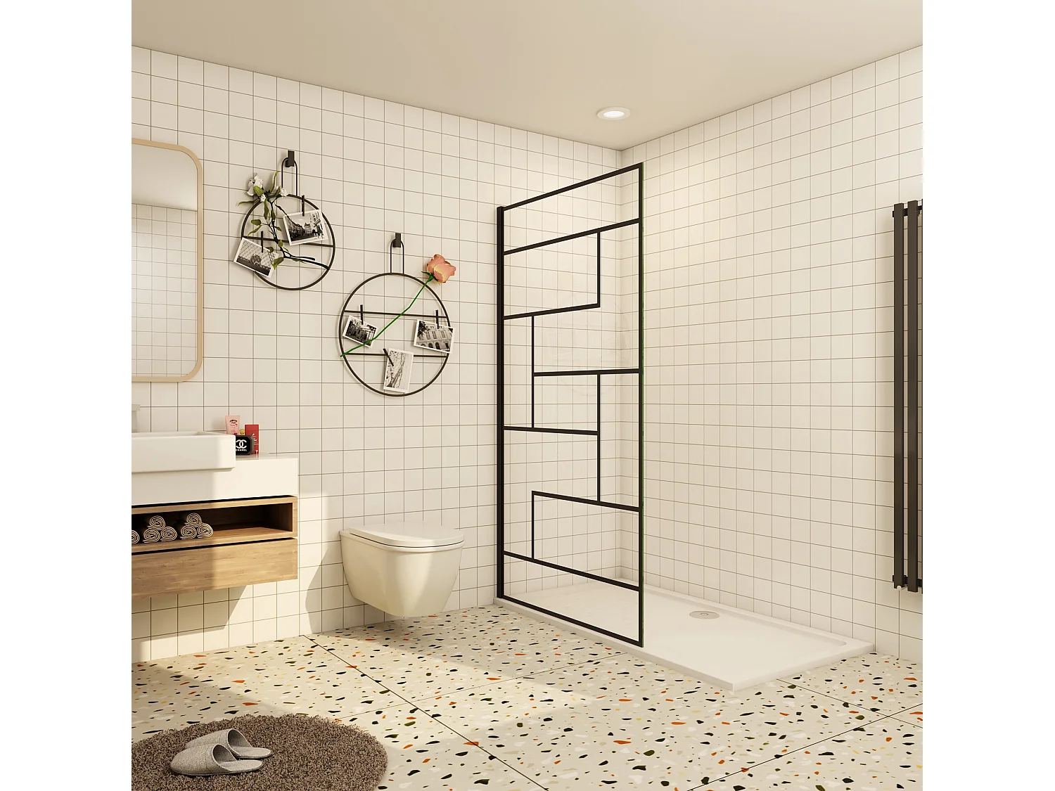 Douchewand-Inloopdouche 70x200cm 8mm NANO Easyclean zwart raster gezeefdrukt gehard glas mat wit profiel zonder stabilisatiestang