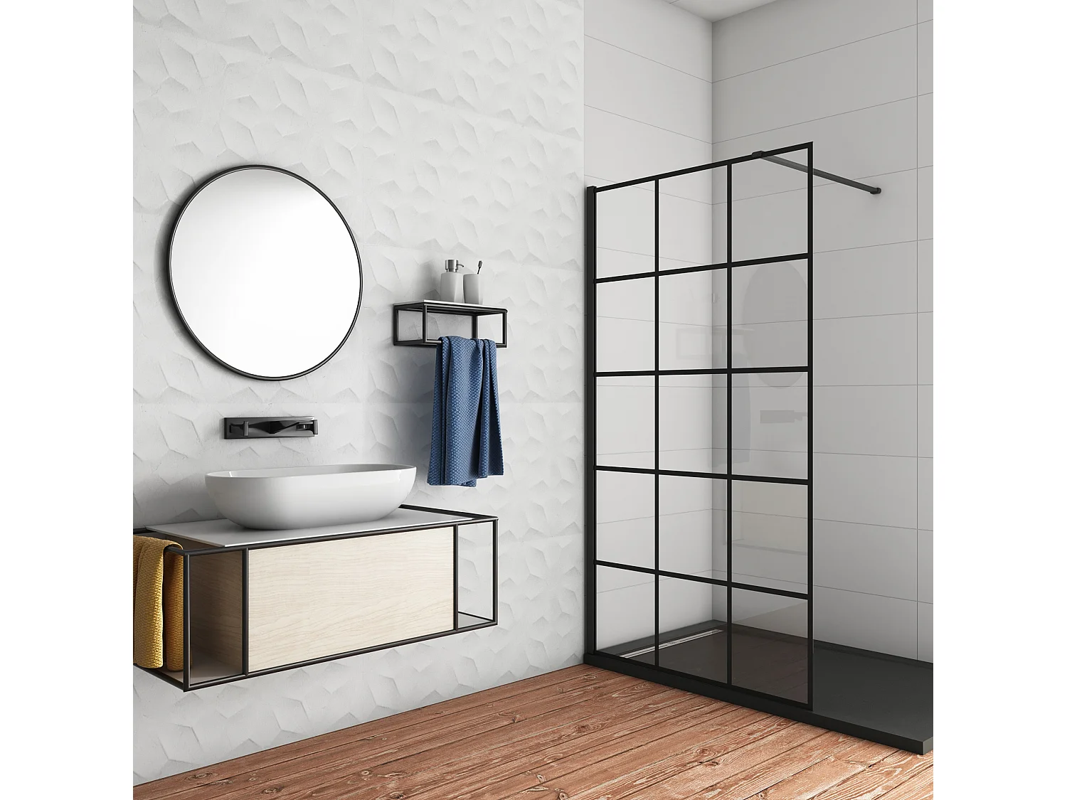 Douchewand-Inloopdouche 90x200cm met mat Zwart kader en raster 8mm NANO EasyClean veiligheidsglas mat zwart profiel N-Form 140cm Stabilisatiestang