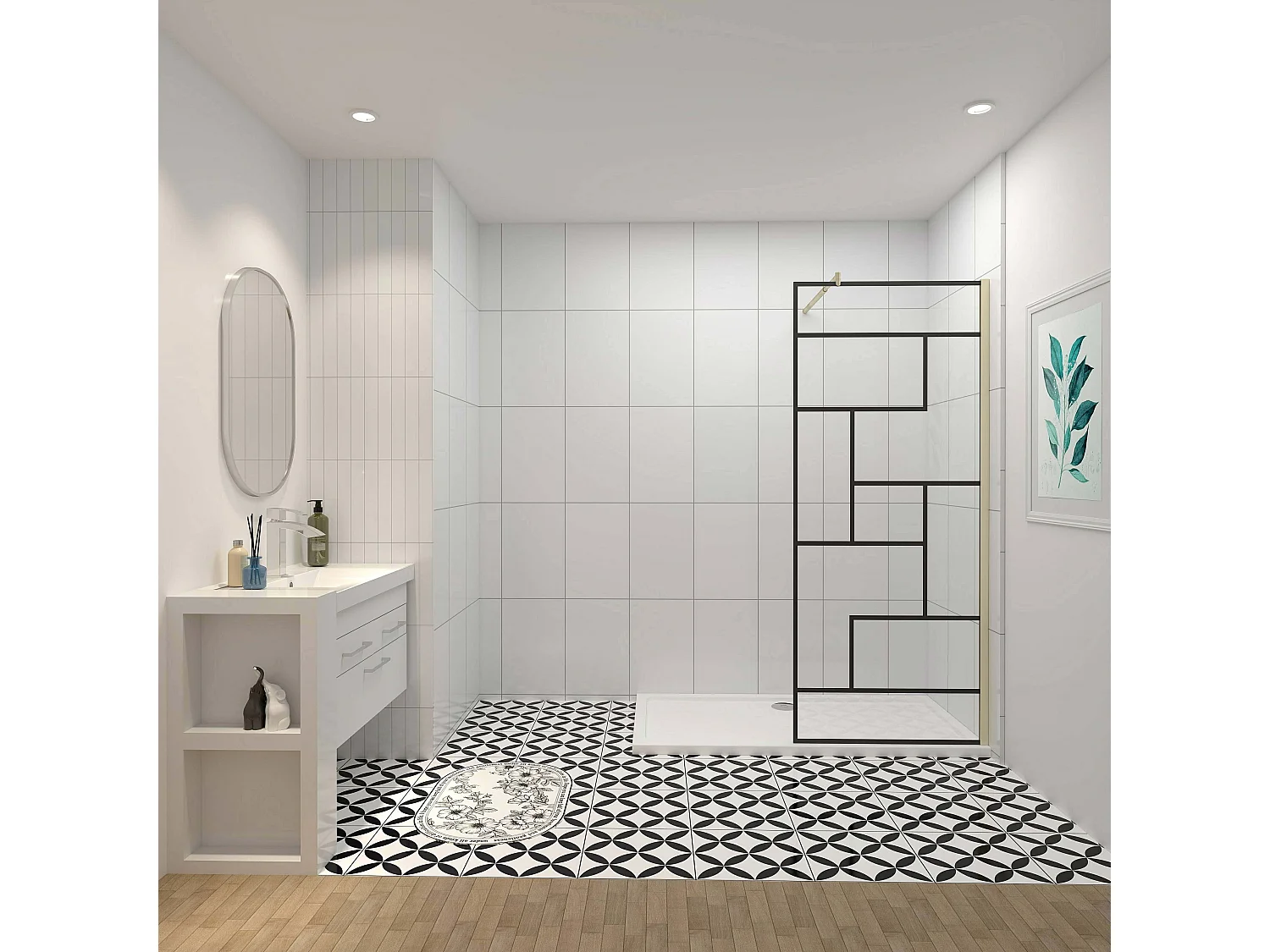 Douchewand-Inloopdouche 90x200cm 8mm NANO Easyclean zwart raster gezeefdrukt gehard glas gouden profiel 70-120cm stabilisatiestang(inkortbaar)