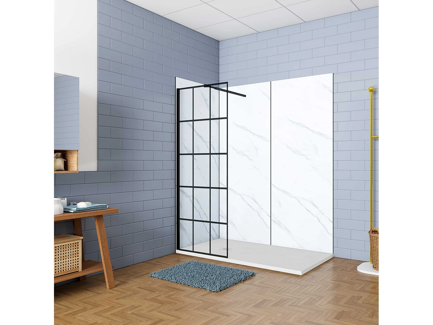 Douchewand-Inloopdouche 80x200cm met mat Zwart kader en raster 8mm NANO EasyClean veiligheidsglas mat zwart profiel Stabilisatiestang 73-120 cm