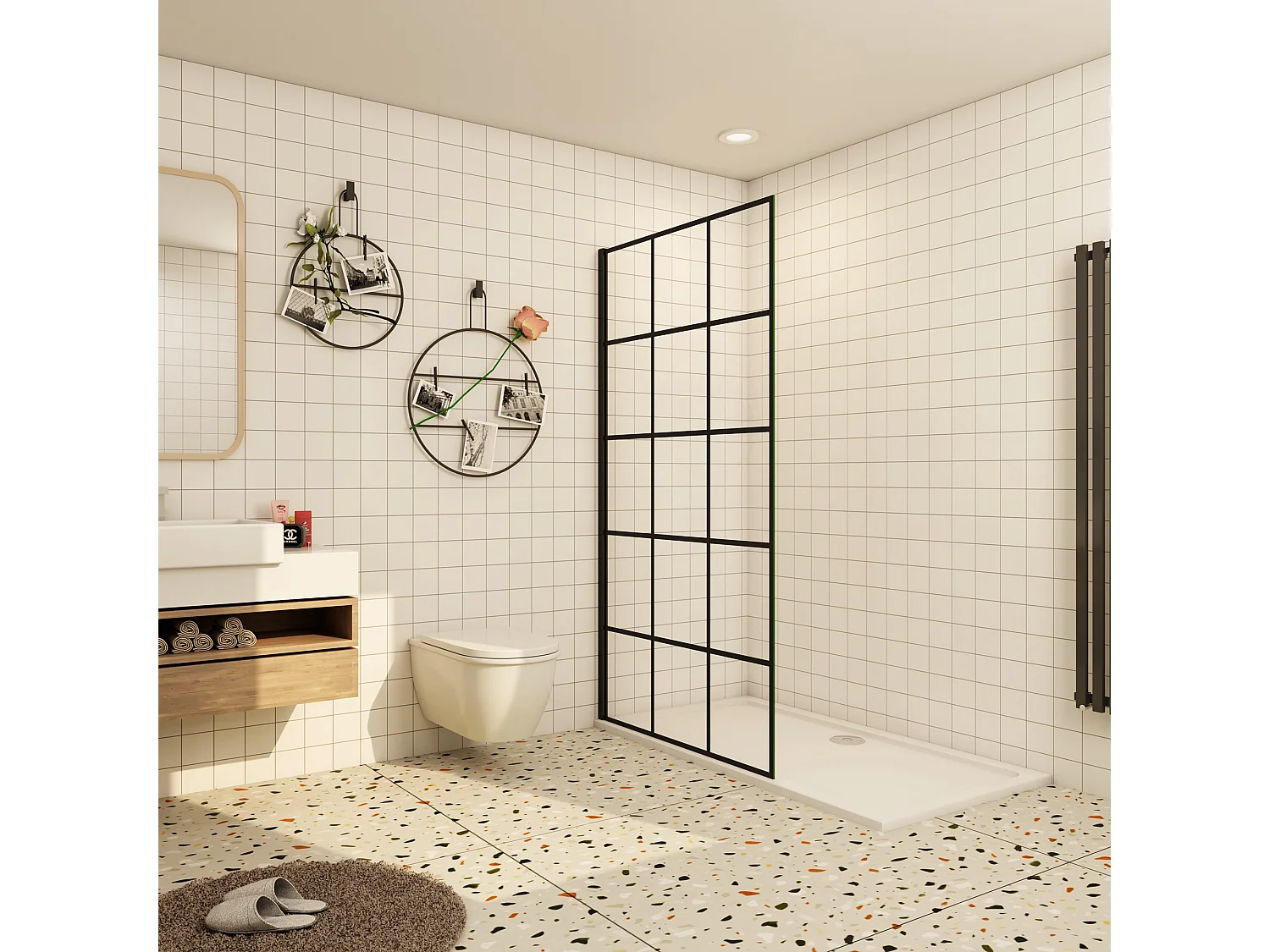 Douchewand-Inloopdouche 90x200cm met mat Zwart kader en raster 8mm NANO EasyClean veiligheidsglas mat zwart profiel zonder Stabilisatiestang