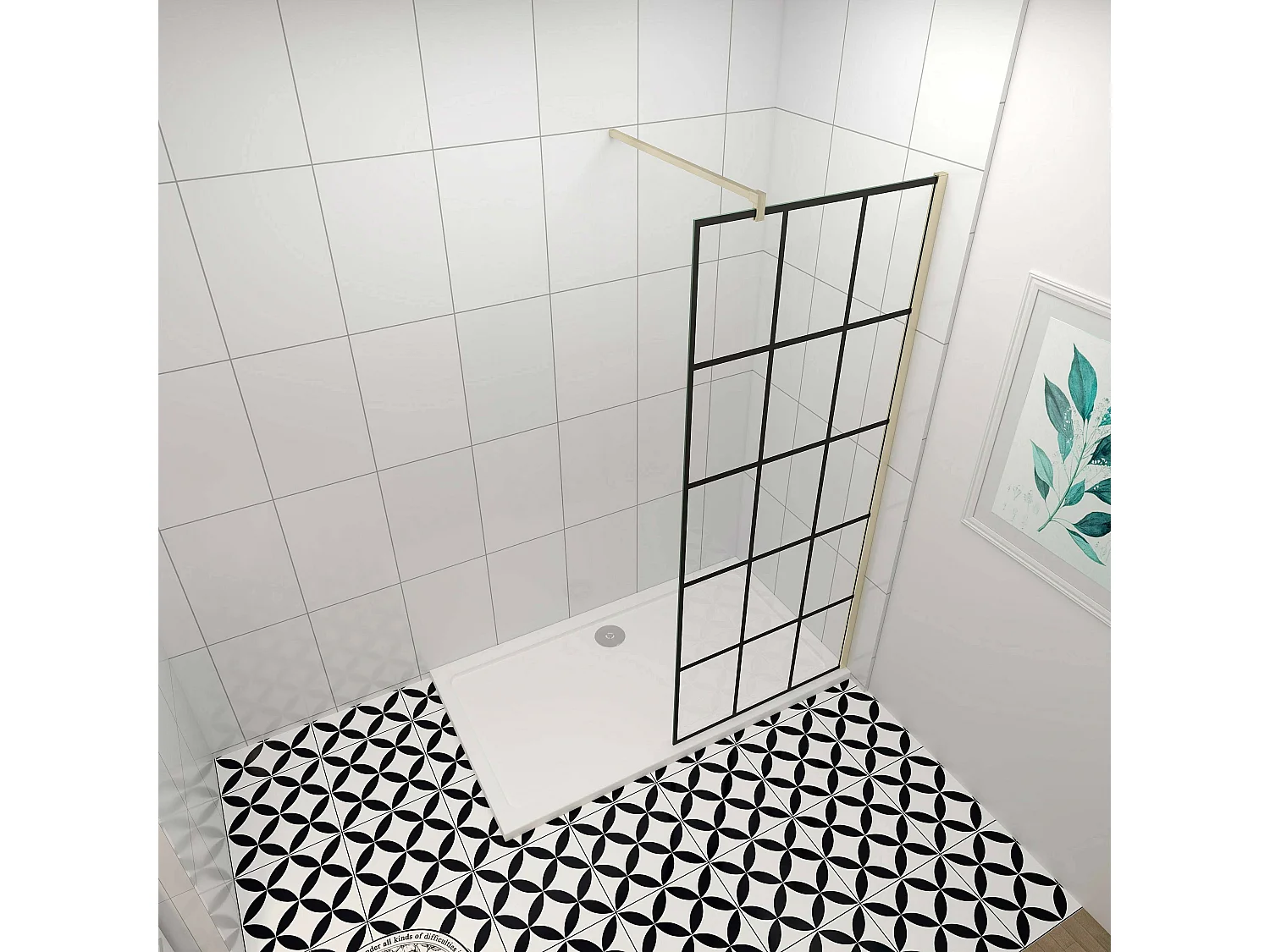 Douchewand-Inloopdouche 100x200cm met mat Zwart kader en raster 8mm NANO EasyClean veiligheidsglas gouden profiel F-Form 90cm Stabilisatiestang