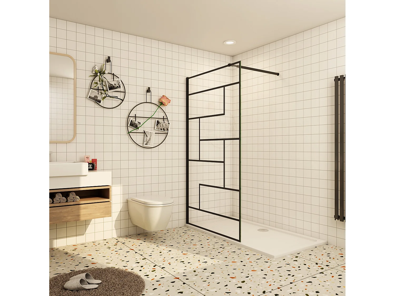 Douchewand-Inloopdouche 140x200cm 8mm NANO Easyclean zwart raster gezeefdrukt gehard glas mat wit profiel 73-120cm stabilisatiestang(inkortbaar)