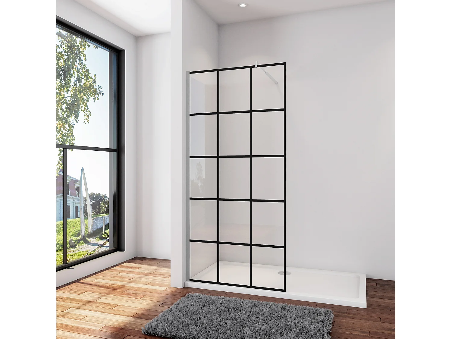 Douchewand-Inloopdouche 80x200cm met mat Zwart kader en raster 8mm NANO EasyClean veiligheidsglas Stabilisatiestang 70-120 cm