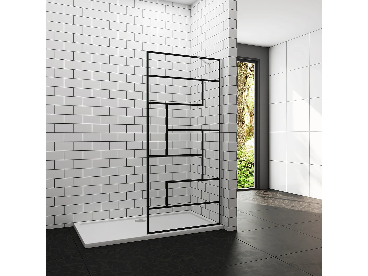 Douchewand-Inloopdouche 70x200cm 8mm NANO Easyclean zwart raster gezeefdrukt gehard glas glanzend chroom aluminium profiel 50cm stabilisatiestang(draaibaar).