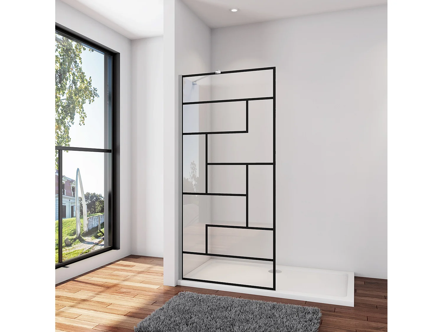 Douchewand-Inloopdouche 80x200cm 8mm NANO Easyclean zwart raster gezeefdrukt gehard glas glanzend chroom aluminium profiel 45cm stabilisatiestang(draaibaar).