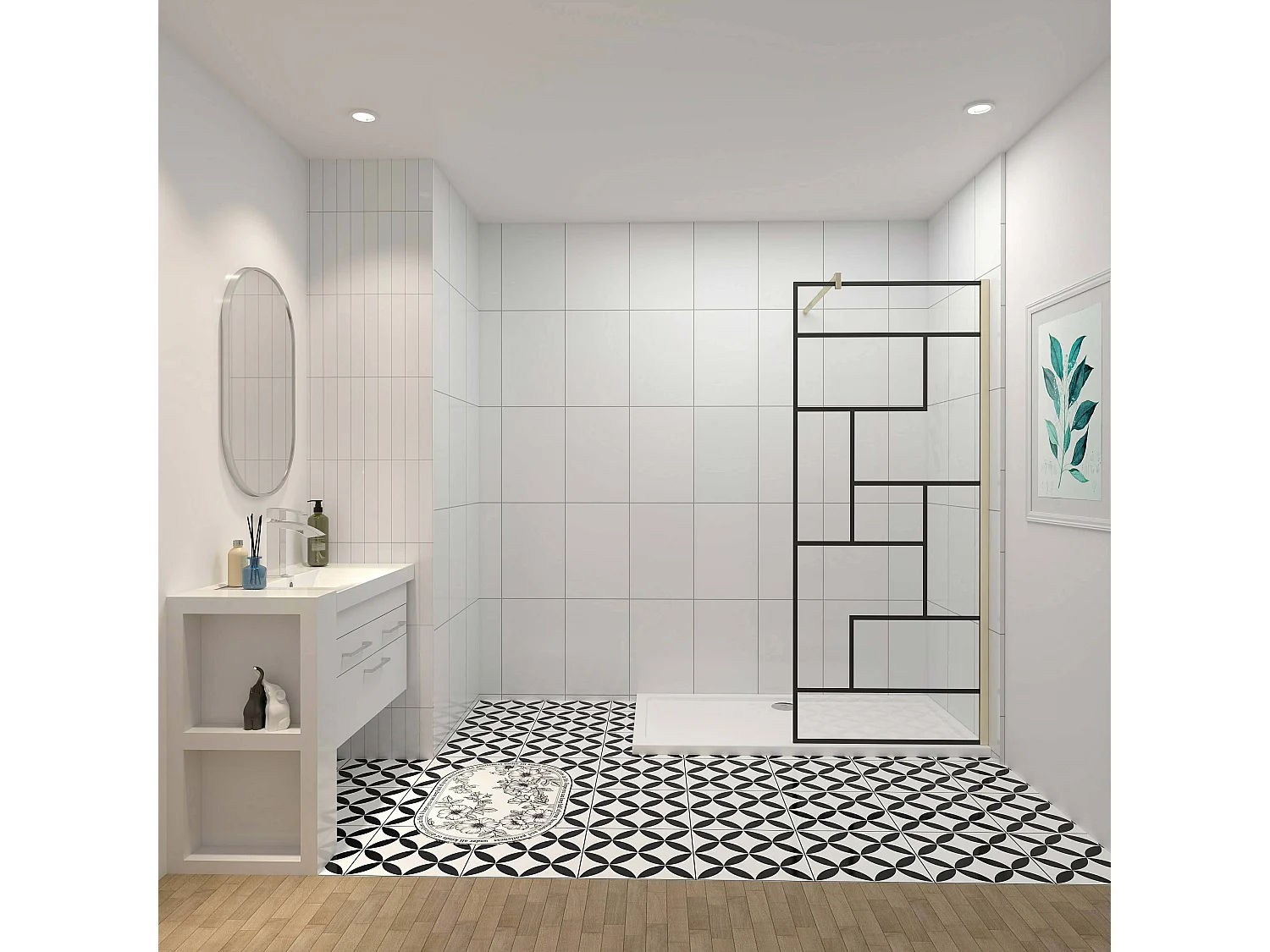 Douchewand-Inloopdouche 80x200cm 8mm NANO Easyclean zwart raster gezeefdrukt gehard glas gouden profiel 90 cm stabilisatiestang(kan worden gesneden).