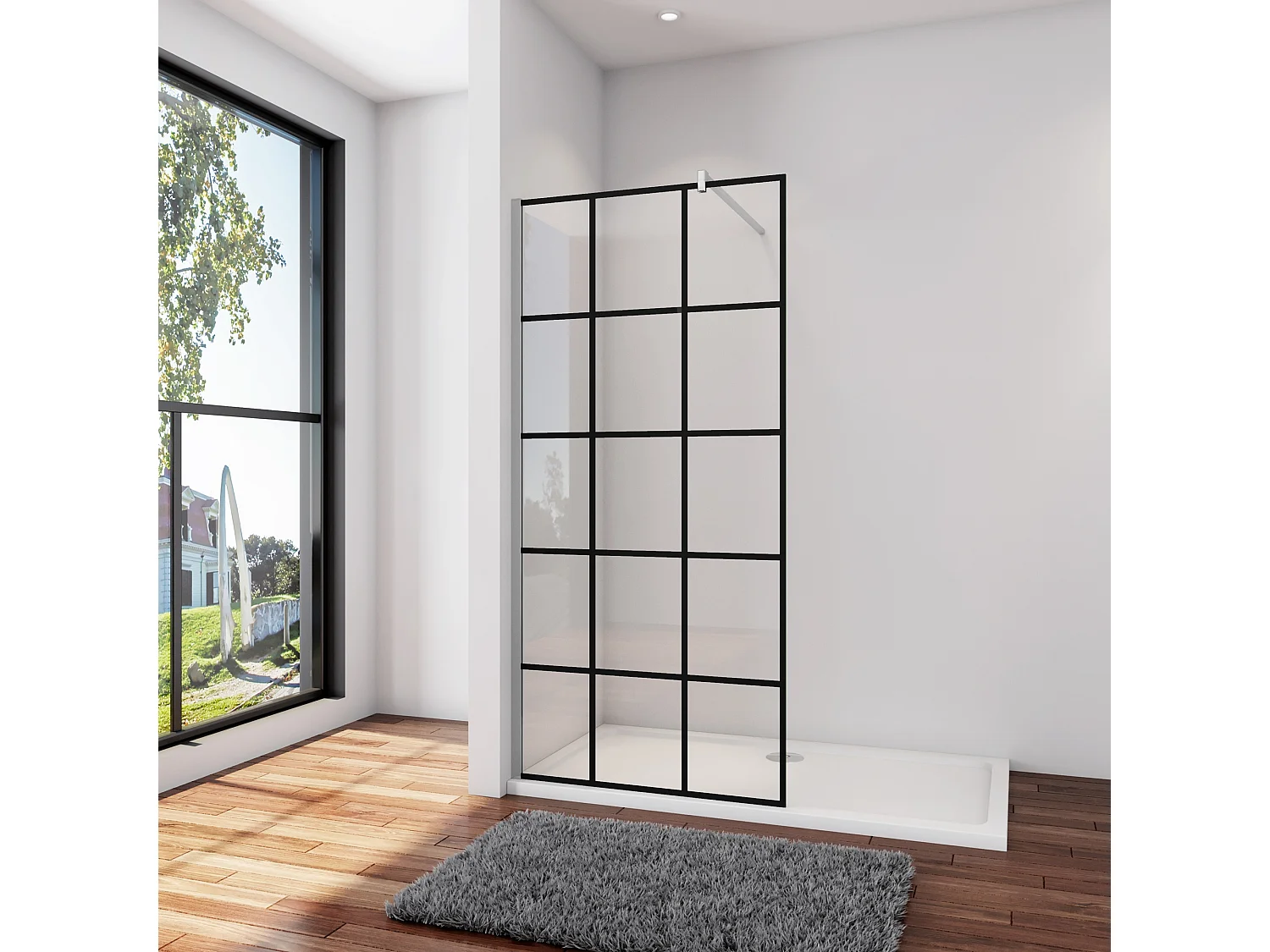 Douchewand-Inloopdouche 90x200cm met mat Zwart kader en raster 8mm NANO EasyClean veiligheidsglas F-Form 90cm Stabilisatiestang