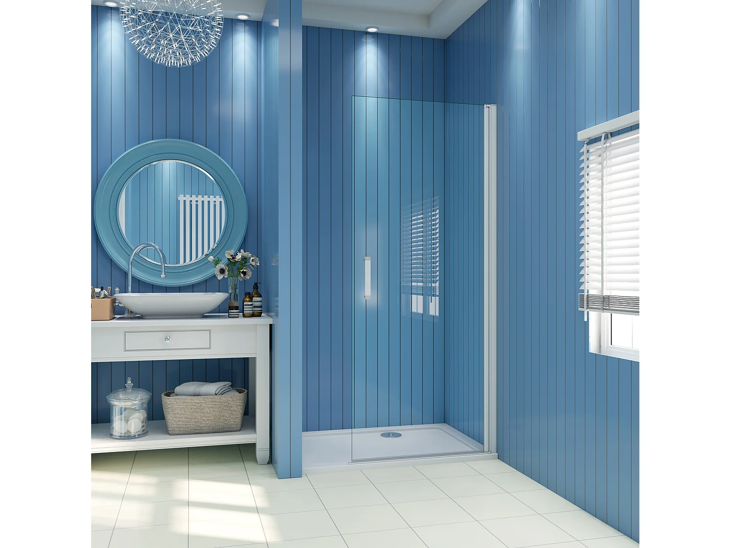 Douchewand-Inloopdouche draaibaar 76x185cm 5mm veiligheidsglas met mat wit profiel.