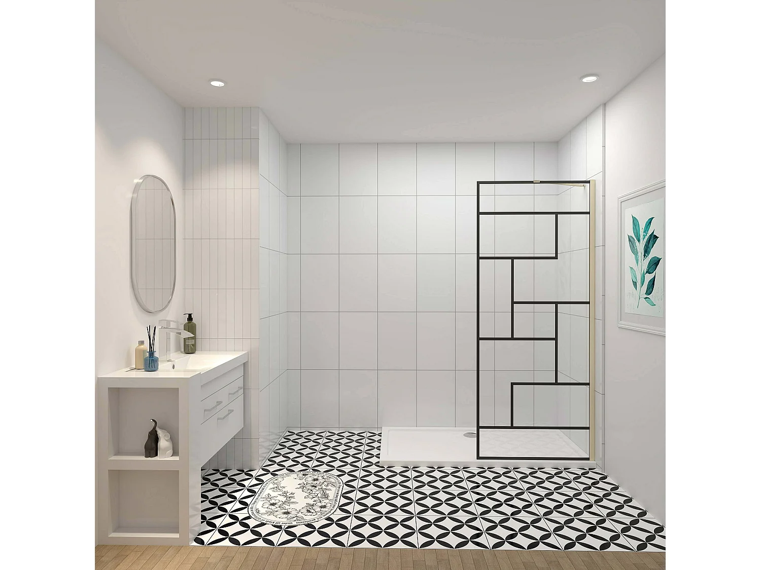 Douchewand-Inloopdouche 90x200cm 8mm NANO Easyclean zwart raster gezeefdrukt gehard glas gouden profiel 50cm stabilisatiestang(draaibaar).