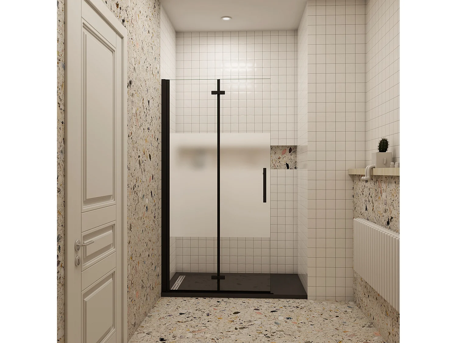 Douchewand-Inloopdouche vouwdeur 71x195cm met matte folie middelban 6mm NANO veiligheidsglas mat zwart profiel