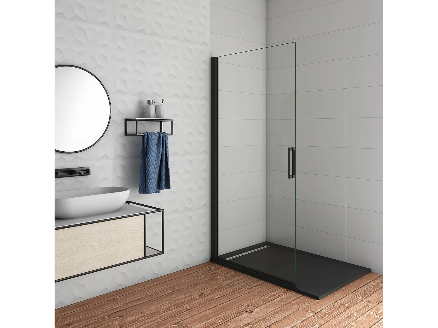 Douchewand-Inloopdouche draaideur 76x200cm 8mm veiligheidsglas NANO EasyClean mat zwart profiel