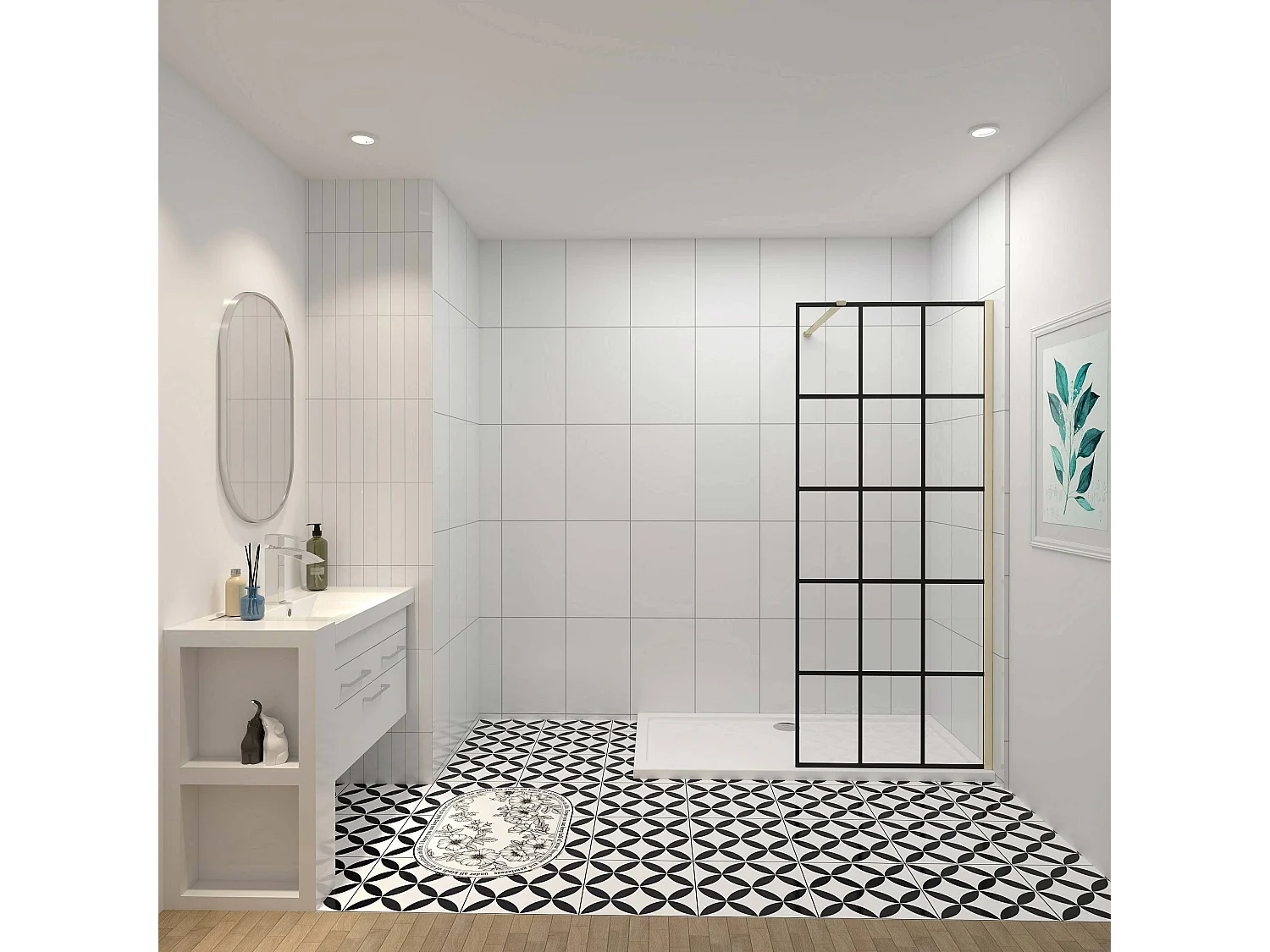 Douchewand-Inloopdouche 100x200cm met mat Zwart kader en raster 8mm NANO EasyClean veiligheidsglas gouden profiel N-Form 140cm Stabilisatiestang
