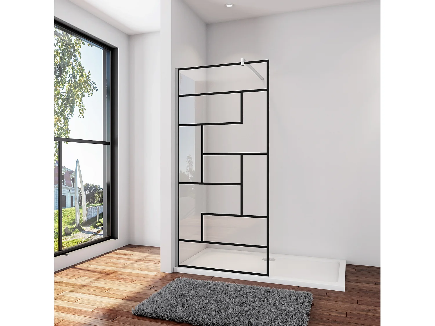 Douchewand-Inloopdouche 90x200cm 8mm NANO Easyclean zwart raster gezeefdrukt gehard glas glanzend chroom 90 cm stabilisatiestang(kan worden gesneden).