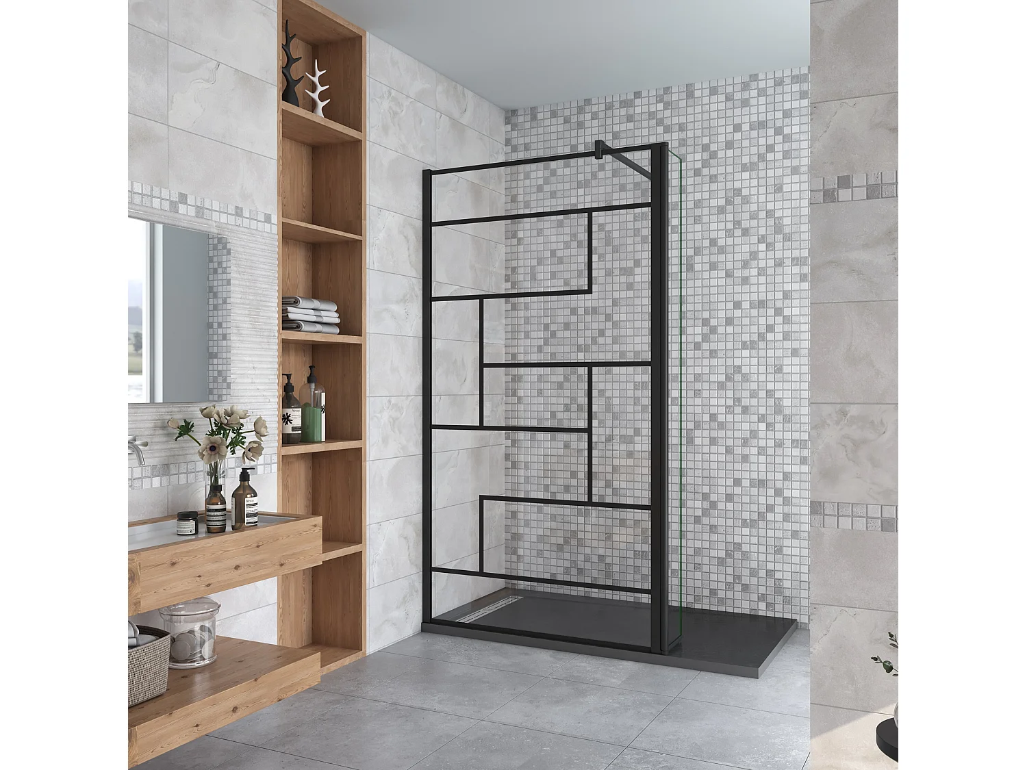 Douchewand-Inloopdouche 70cm draaibaar 30cm 8mm NANO EasyClean onregelmatig zwart rooster gezeefdrukt glas+140cm Stabilisatiestang kan worden gesneden