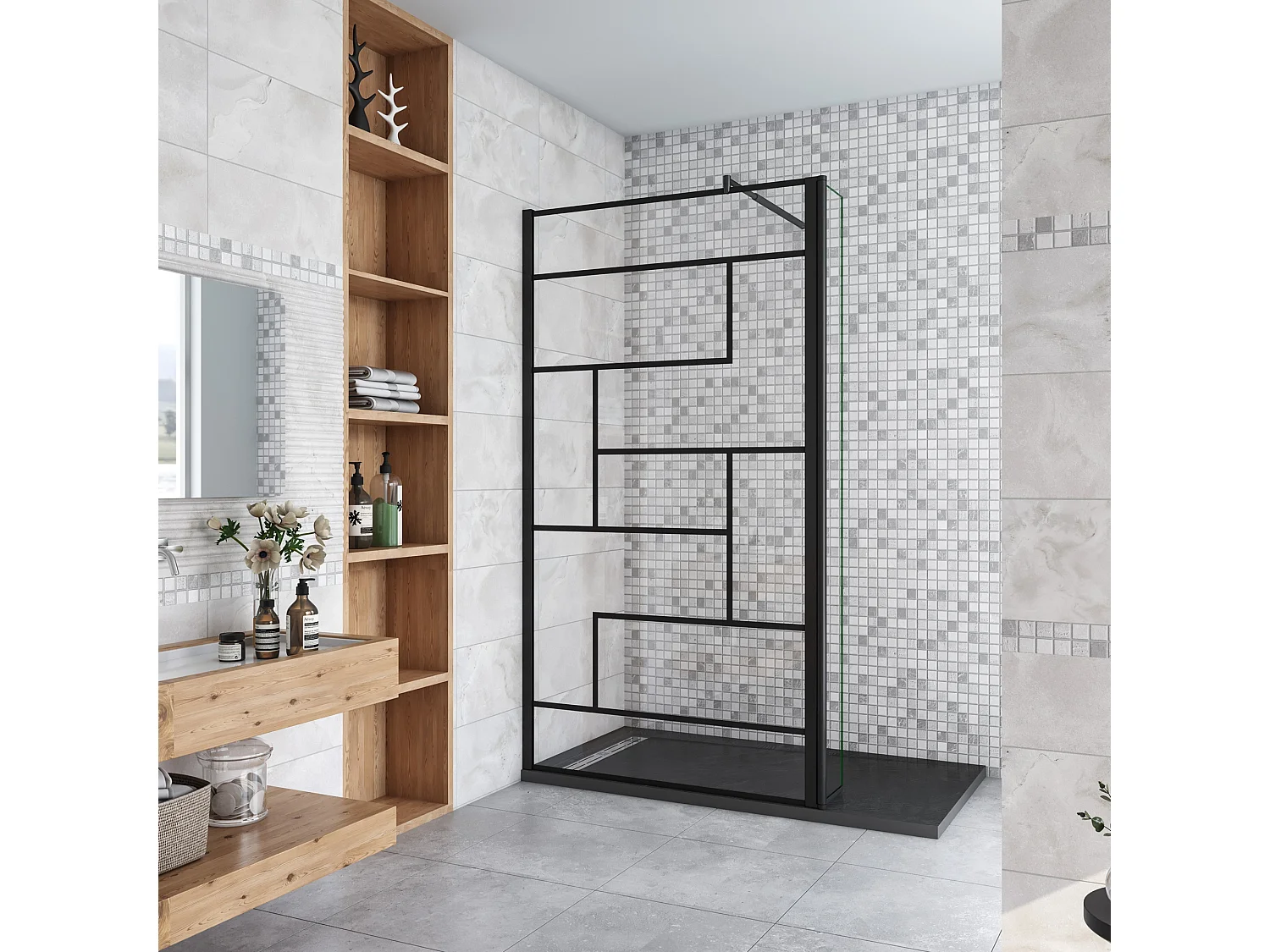 Douchewand-Inloopdouche 70cm draaibaar 40cm 8mm NANO EasyClean onregelmatig zwart rooster gezeefdruktglas+70-120cm Stabilisatiestang inkortbaar