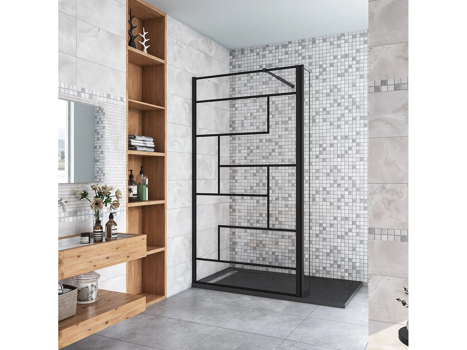 Douchewand-Inloopdouche 140cm draaibaar 30cm 8mm NANO EasyClean onregelmatig zwart rooster gezeefdrukt glas+73-120cm Stabilisatiestang inkortbaar