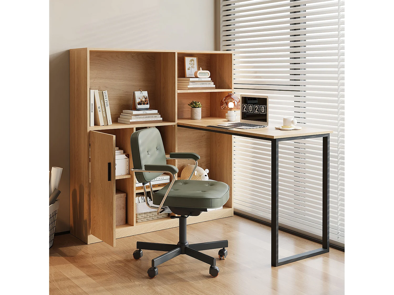 Bureautafel met opbergruimte - 130 x 120 x 120 cm - met kast + planken - MDF - naturel
