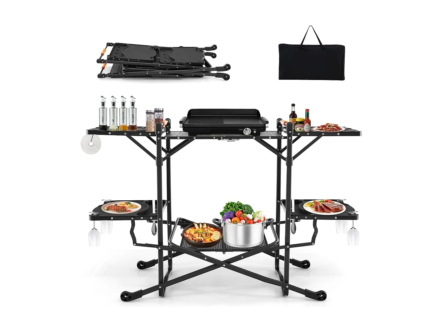 Campingkeuken, inklapbaar, reiskeuken, 4 zijtafels, opbergruimte en draagtas, campingkeuken, outdoor kookstation voor picknick, barbecue, camping en reizen