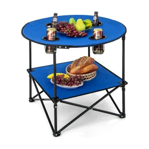 Campingtafel, opvouwbaar, 2 verdiepingen, met bekerhouders en draagtas, lichte picknicktafel, klaptafel, stabiel, vouwtafel voor camping, picknick ZB33222 Campingtafel, opvouwbaar, 2 verdiepingen, met bekerhouders en draagtas, lichte picknicktafel, klaptafel, stabiel, vouwtafel voor camping, picknick ZB33222