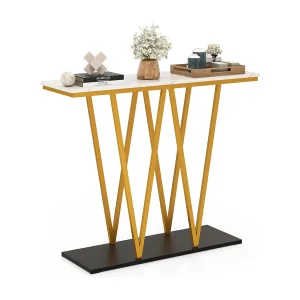 Consoletafel 100 cm, haltafel, marmerlook, bijzettafel, goudkleurig metalen frame, voor woonkamer, entree, hal, modernVH34638 Consoletafel 100 cm, haltafel, marmerlook, bijzettafel, goudkleurig metalen frame, voor woonkamer, entree, hal, modernVH34638