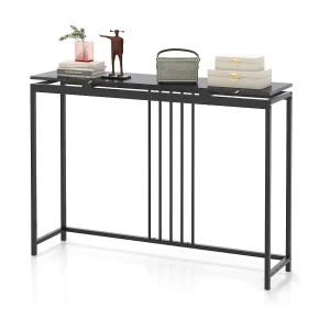 Consoletafel zwart, entreetafel hout met marmerlook, bijzettafel met zwart metalen frame, gangtafel modern, 120 x 30 x 90 cmVH33560 Consoletafel zwart, entreetafel hout met marmerlook, bijzettafel met zwart metalen frame, gangtafel modern, 120 x 30 x 90 cmVH33560