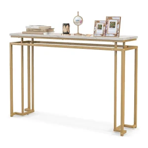 Consoletafel, marmerlook, haltafel, smal, bijzettafel met metalen frame, entreetafel voor entree, woonkamer, hal, 120 x 30 x 80,5 cm, goud, VH33424
