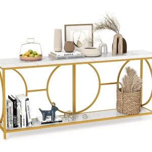 Consoletafel, 180 cm, smal, marmerlook, salontafel met geometrisch metalen frame, bijzettafel goud + wit, voor woonkamer, hal, ingang, modernVH34239 Consoletafel, 180 cm, smal, marmerlook, salontafel met geometrisch metalen frame, bijzettafel goud + wit, voor woonkamer, hal, ingang, modernVH34239
