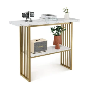 Consoletafel smal, bijzettafel, goudkleurig, marmerlook, houten haltafel, 2 niveaus, 120 x 29,5 x 92,5 cm, ideaal voor hal en woonkamer, modernVH32610 Consoletafel smal, bijzettafel, goudkleurig, marmerlook, houten haltafel, 2 niveaus, 120 x 29,5 x 92,5 cm, ideaal voor hal en woonkamer, modernVH32610