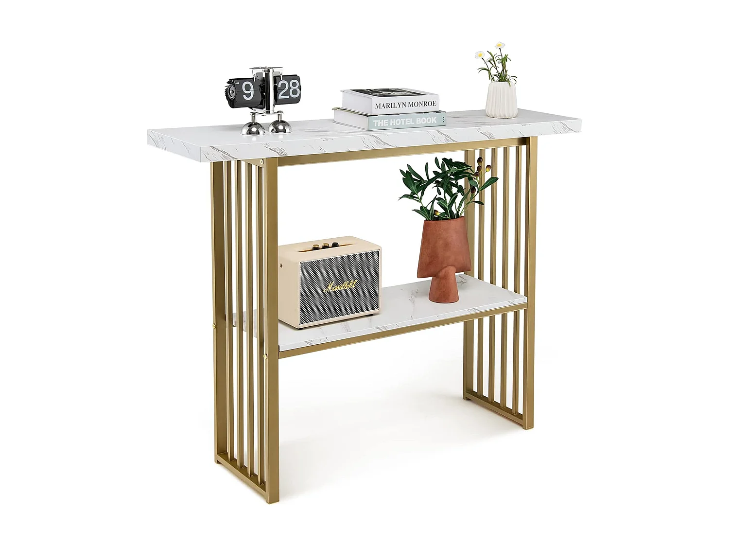 Consoletafel smal, bijzettafel, goudkleurig, marmerlook, houten haltafel, 2 niveaus, 120 x 29,5 x 92,5 cm, ideaal voor hal en woonkamer, modernVH32610