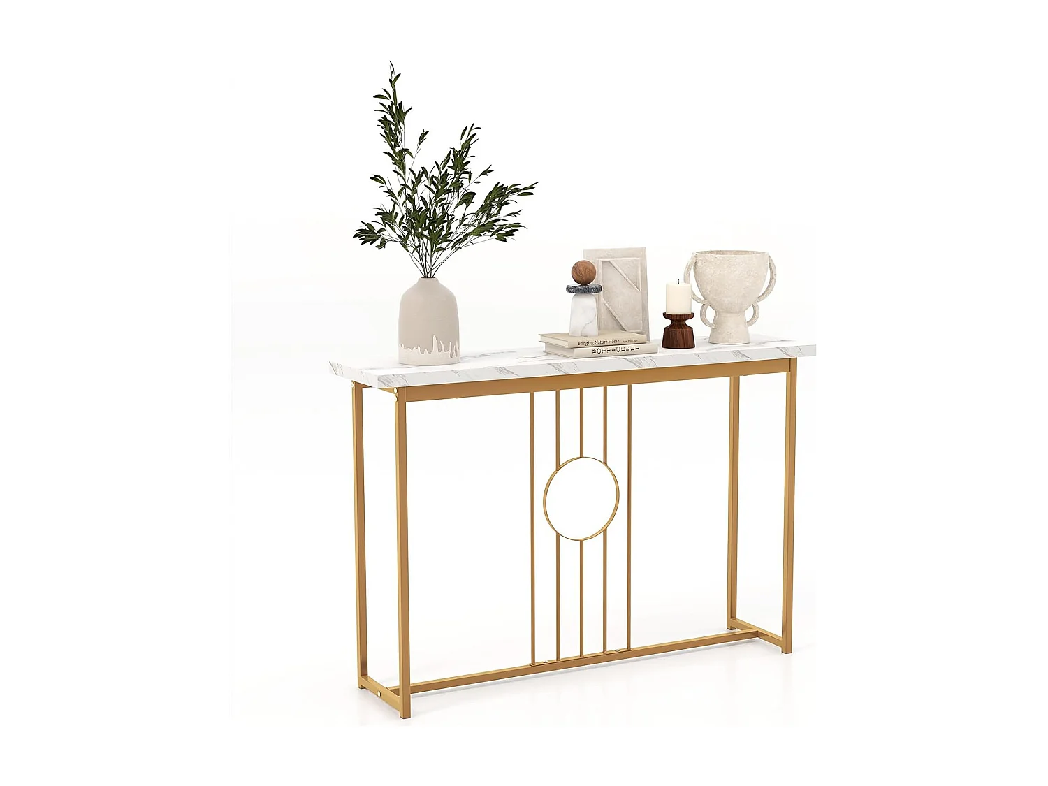 Consoletafel, smal, haltafel, marmerlook, bijzettafel met geometrisch metalen frame, modern 120 x 30 x 80 cm, voor woonkamer, hal, entreeVH33313