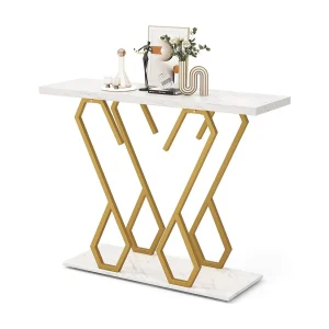 Consoletafel, entreetafel, marmerlook, smalle sofatafel, met metalen frame in vlindervorm,goud + wit, 100 x 30 x 79 cm, voor woonkamer, kantoor en entree Consoletafel, entreetafel, marmerlook, smalle sofatafel, met metalen frame in vlindervorm,goud + wit, 100 x 30 x 79 cm, voor woonkamer, kantoor en entree