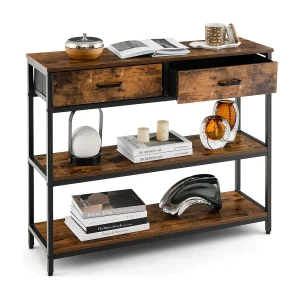 Consoletafel met lade, haltafel smal, 3 niveaus, bijzettafel met metalen frame, van hout, 100 x 30 x 80 cm, vintageVH32711 Consoletafel met lade, haltafel smal, 3 niveaus, bijzettafel met metalen frame, van hout, 100 x 30 x 80 cm, vintageVH32711