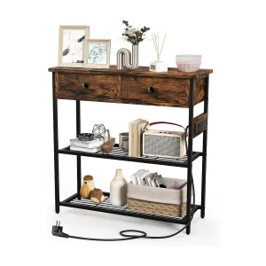Consoletafel met laadstation, haltafel met 2 laden en 2 metalen roosterplanken, met stopcontacten en USB & TypeC-aansluitingen, bijzettafel vintage (bruin)VH33943 Consoletafel met laadstation, haltafel met 2 laden en 2 metalen roosterplanken, met stopcontacten en USB & TypeC-aansluitingen, bijzettafel vintage (bruin)VH33943