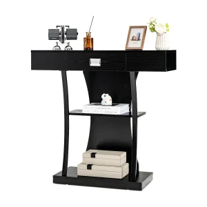 Consoletafel hout, met schuifladen, metalen frame en 2 planken, haltafel, smal, bijzettafel met kantelbeveiliging, voor entree en woonkamer (zwart)VH32710 Consoletafel hout, met schuifladen, metalen frame en 2 planken, haltafel, smal, bijzettafel met kantelbeveiliging, voor entree en woonkamer (zwart)VH32710