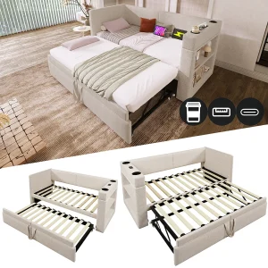 Dagbed – 90 x 200 cm + 90 x 190 cm – met uitschuifbed – armleuningen met USB + opbergruimte – hout + katoen + metaal – beige
