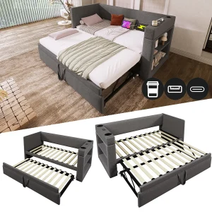 Dagbed – 2 x 90 x 190 cm – met uitschuifbed – armleuningen met USB Type-C + opbergruimte – hout + katoen + metaal – grijs