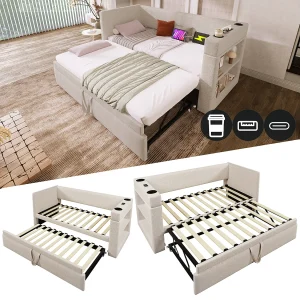 Dagbed – 2 x 90 x 190 cm – met uitschuifbed – armleuningen met USB Type-C + opbergruimte – hout + katoen + metaal – beige