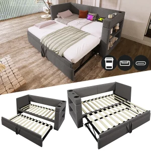 Dagbed – 90 x 200 cm + 90 x 190 cm – met uitschuifbed – armleuningen met USB + opbergruimte – hout + katoen + metaal – grijs