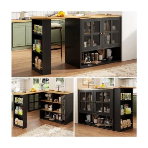 Draaibare barkast – 204 x 39 x 102,5 cm – met 4 opbergvakken + 2 deuren – MDF – zwart