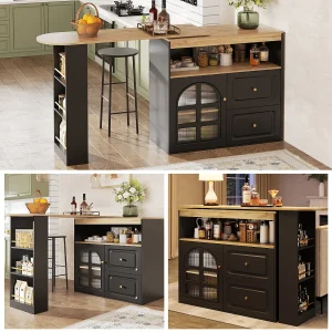 Draaibare barkast – 204 x 39 x 104 cm – met 2 laden + 1 deur + 3 snackplanken – MDF – zwart