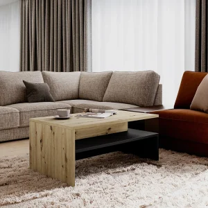 Salontafel RAMOS – Ontwerp in eiken en supermat zwart – Blad met geïntegreerde opbergruimte – 100×60 cm Salontafel RAMOS – Ontwerp in eiken en supermat zwart – Blad met geïntegreerde opbergruimte – 100×60 cm
