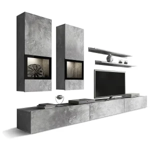 Design woonkamer meubelset collectie RAMOS. Kleur grijs met betoneffect. Geïntegreerde LED-verlichting. Design woonkamer meubelset collectie RAMOS. Kleur grijs met betoneffect. Geïntegreerde LED-verlichting.