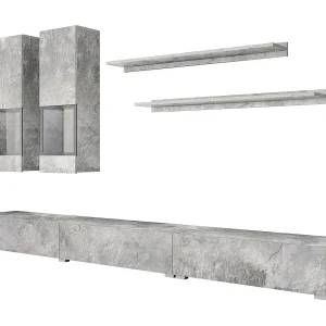 Woonkamerset RAMOS – Grijs betoneffect – XL TV-meubel + vitrines + planken – Zonder LED Woonkamerset RAMOS – Grijs betoneffect – XL TV-meubel + vitrines + planken – Zonder LED