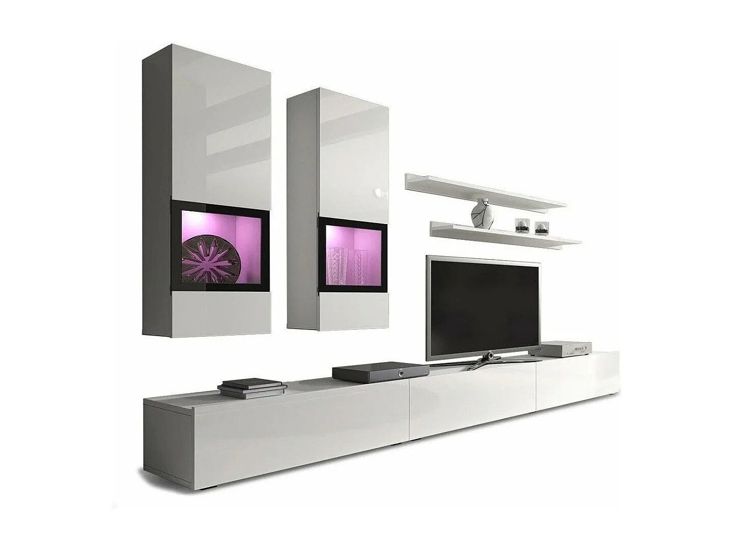 Design woonkamer meubelset uit de RAMOS collectie. Glanzend witte kleur. Ingebouwde LED-verlichting.