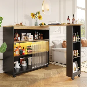 Draaibare barkast op wielen met 2 glazen schuifdeuren, 1 nis en planken, inclusief LED, MDF, zwart – 138x39x105cm Draaibare barkast op wielen met 2 glazen schuifdeuren, 1 nis en planken, inclusief LED, MDF, zwart – 138x39x105cm