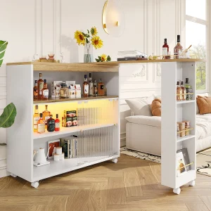 Draaibare barkast op wielen met 2 glazen schuifdeuren, 1 nis en planken, inclusief LED, MDF, wit – 138x39x105cm Draaibare barkast op wielen met 2 glazen schuifdeuren, 1 nis en planken, inclusief LED, MDF, wit – 138x39x105cm