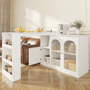 Draaibare barkast met 3 deuren, waarvan 2 glazen deuren, inclusief open planken, witte behuizing – 120x40x103cm